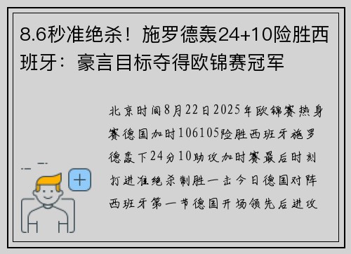 8.6秒准绝杀！施罗德轰24+10险胜西班牙：豪言目标夺得欧锦赛冠军
